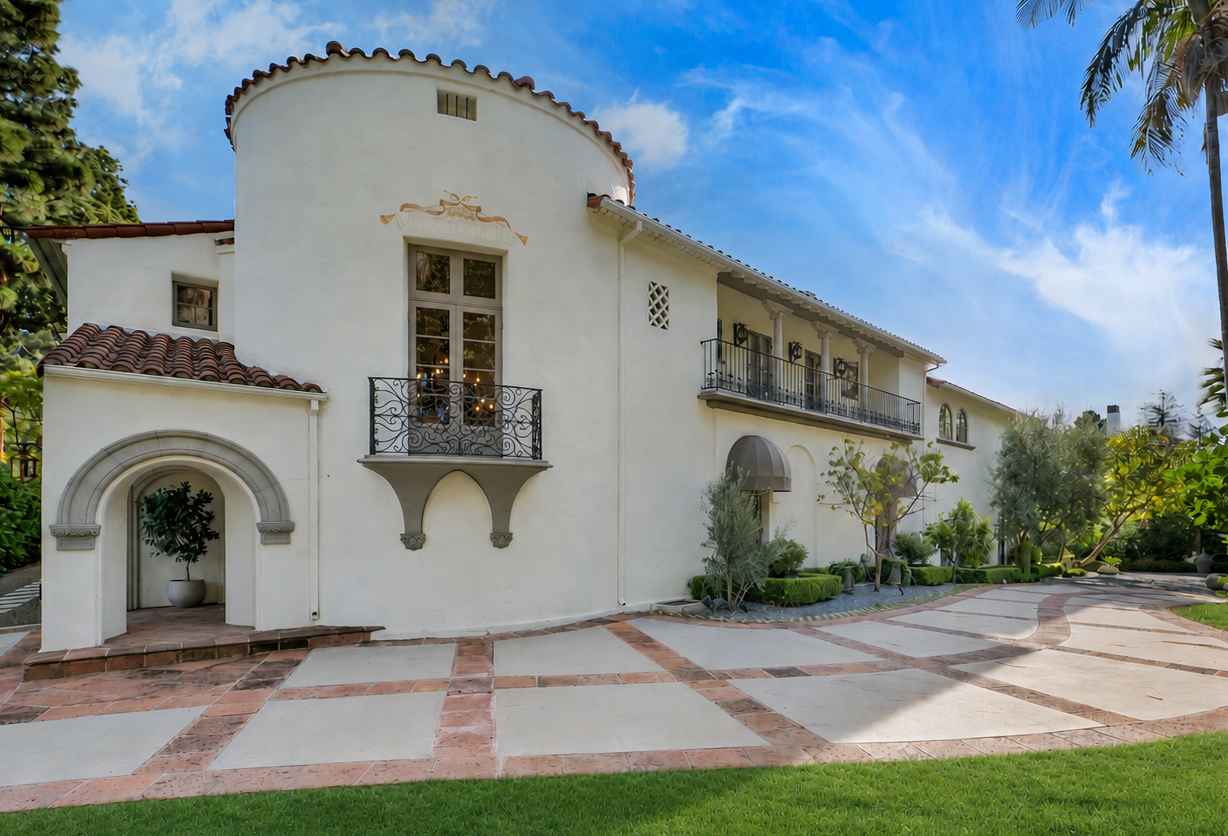 Facade of Villa Del Sol, a Mediterranean estate in Beverly Hills
