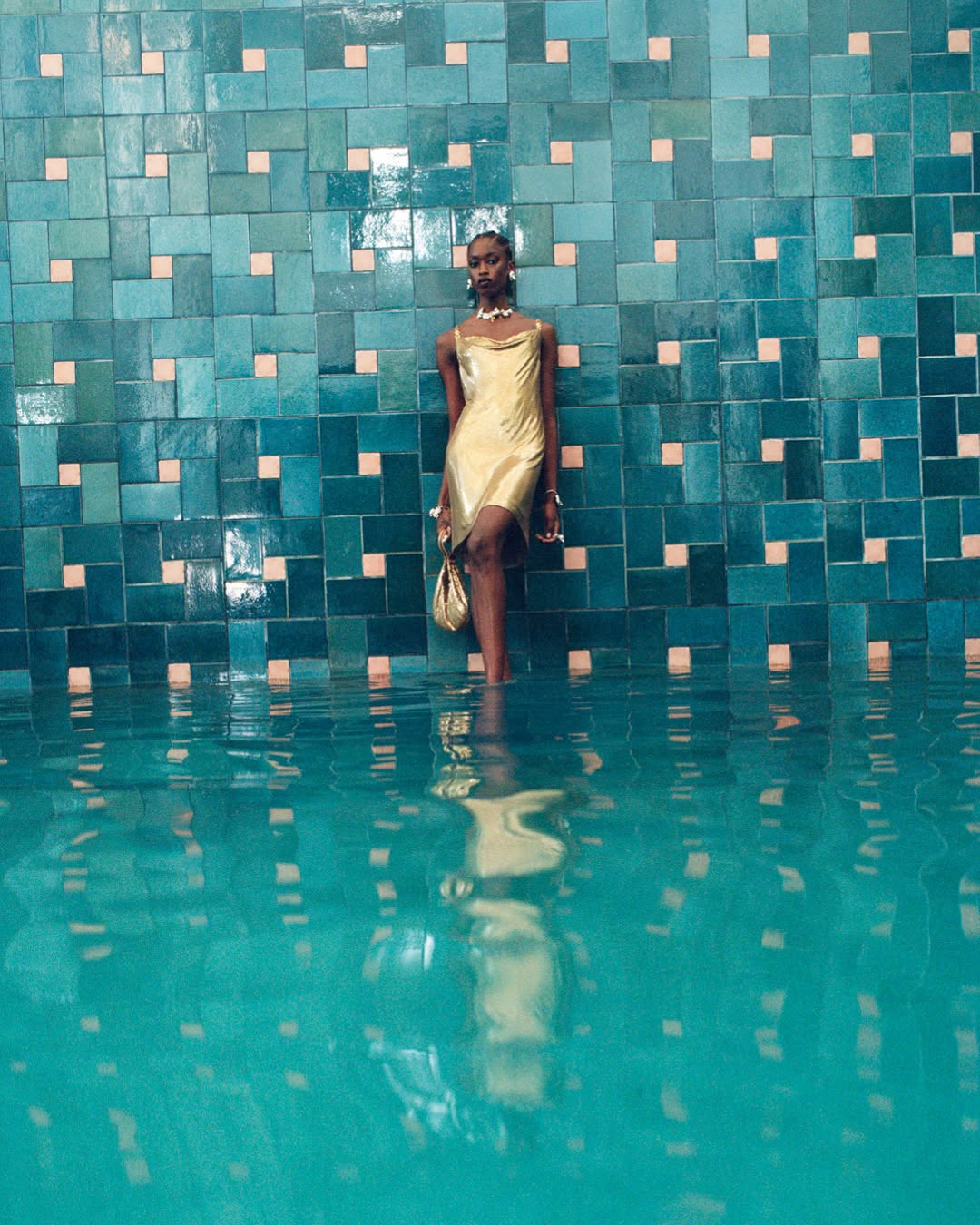 Versace La Vacanza gold dress editorial